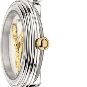 Side view of Versace Virtus Mini silver watch showing dial and bracelet detail