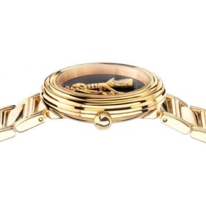 Dial detail showing Versace Medusa logo with gold bracelet lugs on gold case
