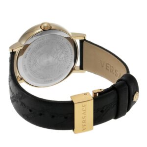 Caseback of Versace Virtus watch showing engraved Versace medallion on white background