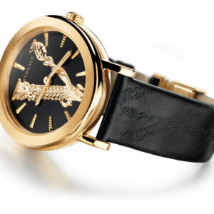 Versace Virtus watch on wrist displaying black dial with gold accent elements
