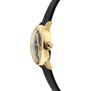 Side profile of Versace Virtus watch showing gold case and black leather strap