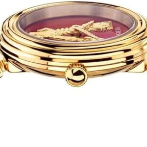Versace Virtus watch from side angle showing red dial and gold bracelet