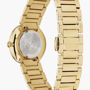 Versace Virtus watch caseback displaying stainless steel case and gold bracelet