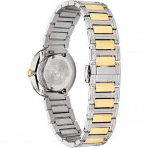 Versace Virtus women's watch caseback showing Medusa medallion and two-tone bracelet