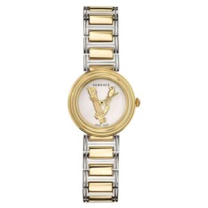 Versace Virtus women's watch displayed vertically showing face and two-tone bracelet