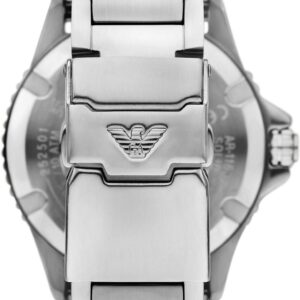 Caseback of World Explorer watch displaying stainless steel bracelet and Emporio Armani logo