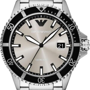 Emporio Armani World Explorer stainless steel watch with black bezel and date window
