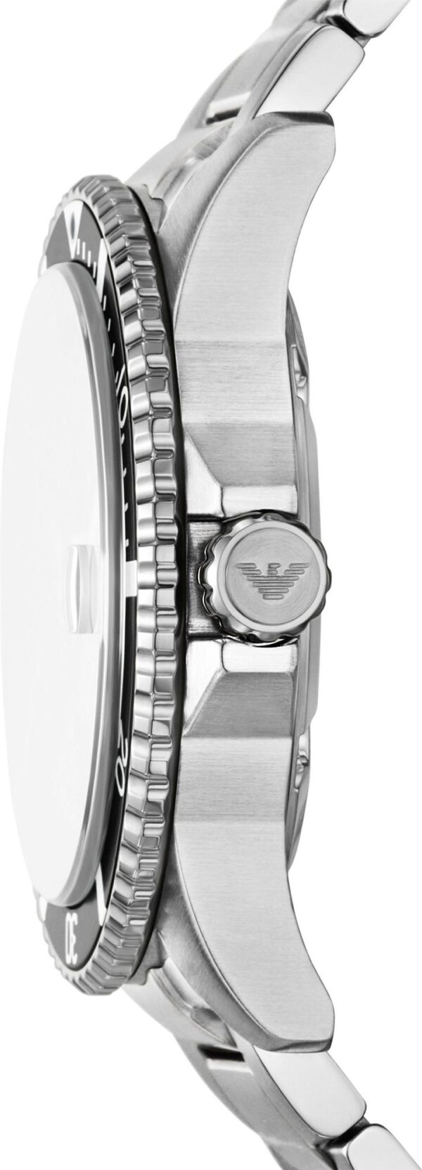 Side profile of World Explorer stainless steel watch showing case thickness and bracelet